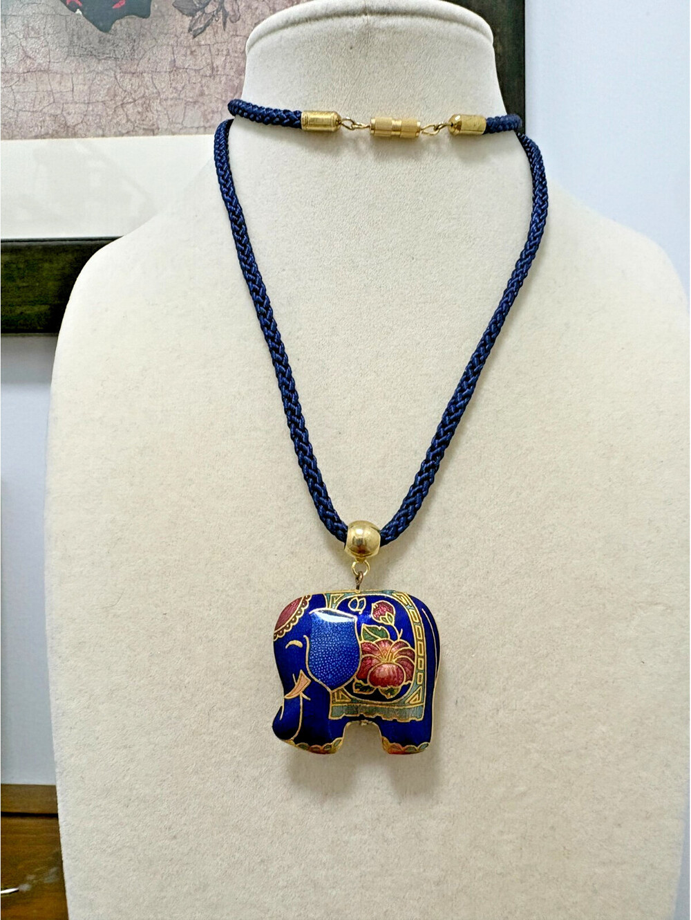 Vintage Enamel Cloisonne Double Sided Blue Gold Tone Elephant Pendant on Cord
